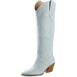 Women Light Blue Knee High Pointed Toe Block Heel Western Embroidered Boots